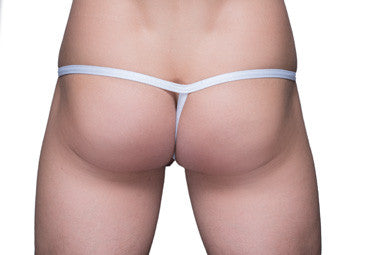 White thong underwear with a thin seamless design shown from the back in the ring thong and sock bundle product