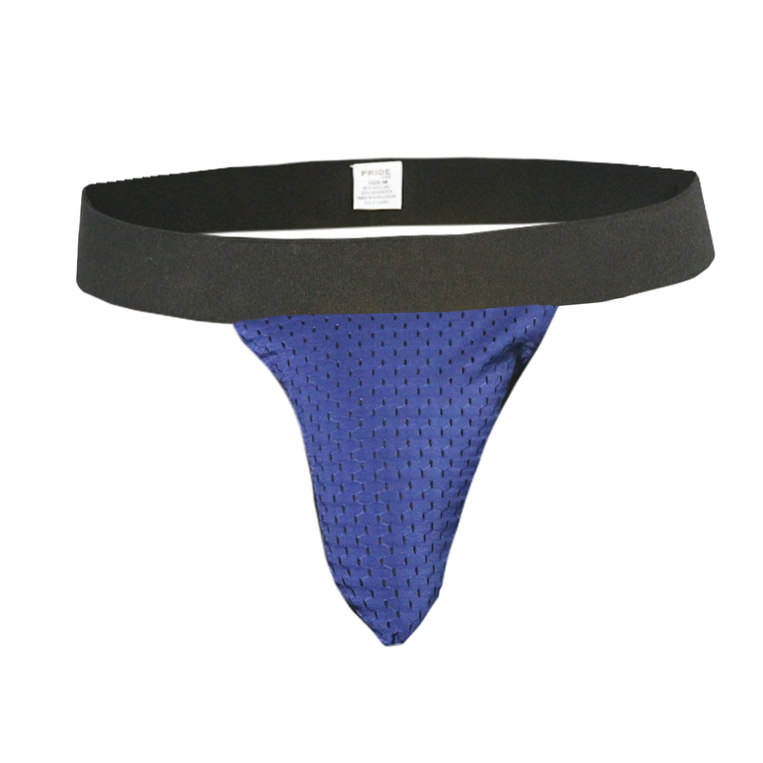 Blue mesh thong with black elastic waistband part of ring thong and sock bundle shown from the back side