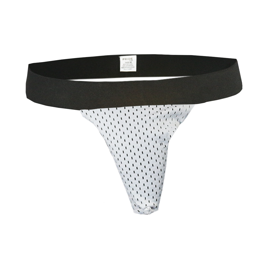 White mesh ring thong with black polka dots and solid black waistband shown from the back in sock bundle set