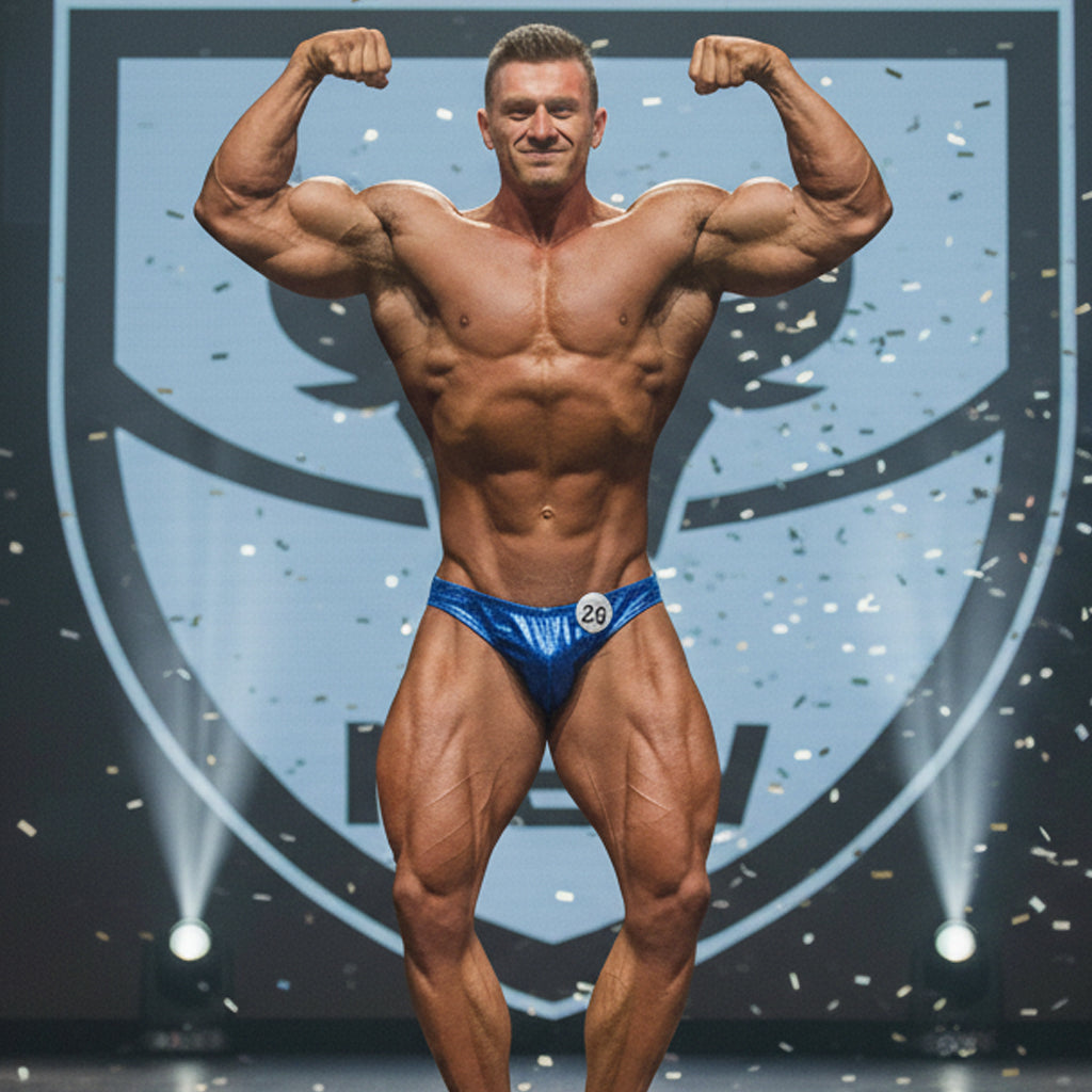 Blue shiny hologram competition briefs with number 20 from metromalewear posingwear royal posing suit