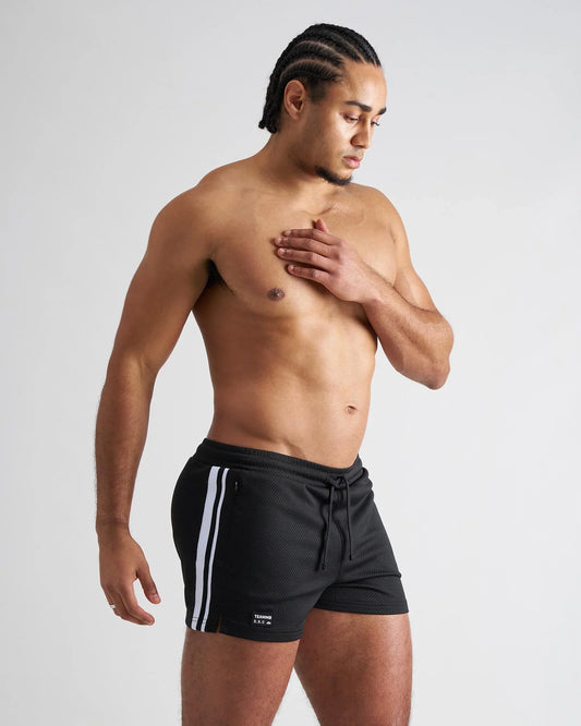Black s.s.c. fraternity 3 inch mesh shorts with white side stripes and a drawstring waistband for athletic use