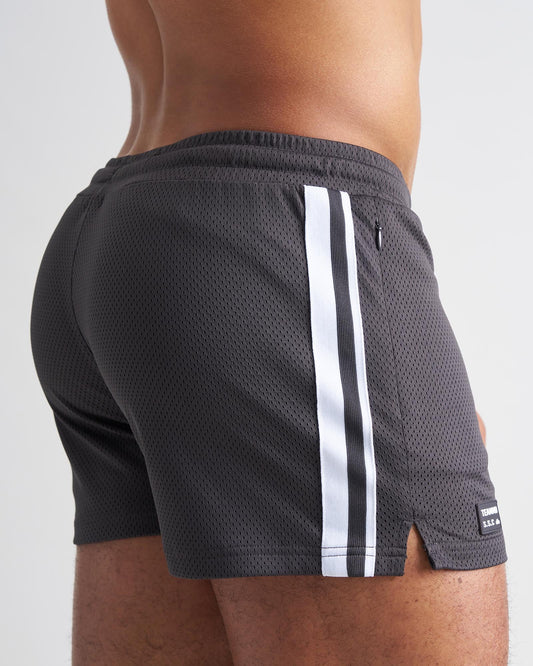 Dark gray s.s.c. fraternity 3 mesh shorts with bold white side stripes and black brand tag at the hem