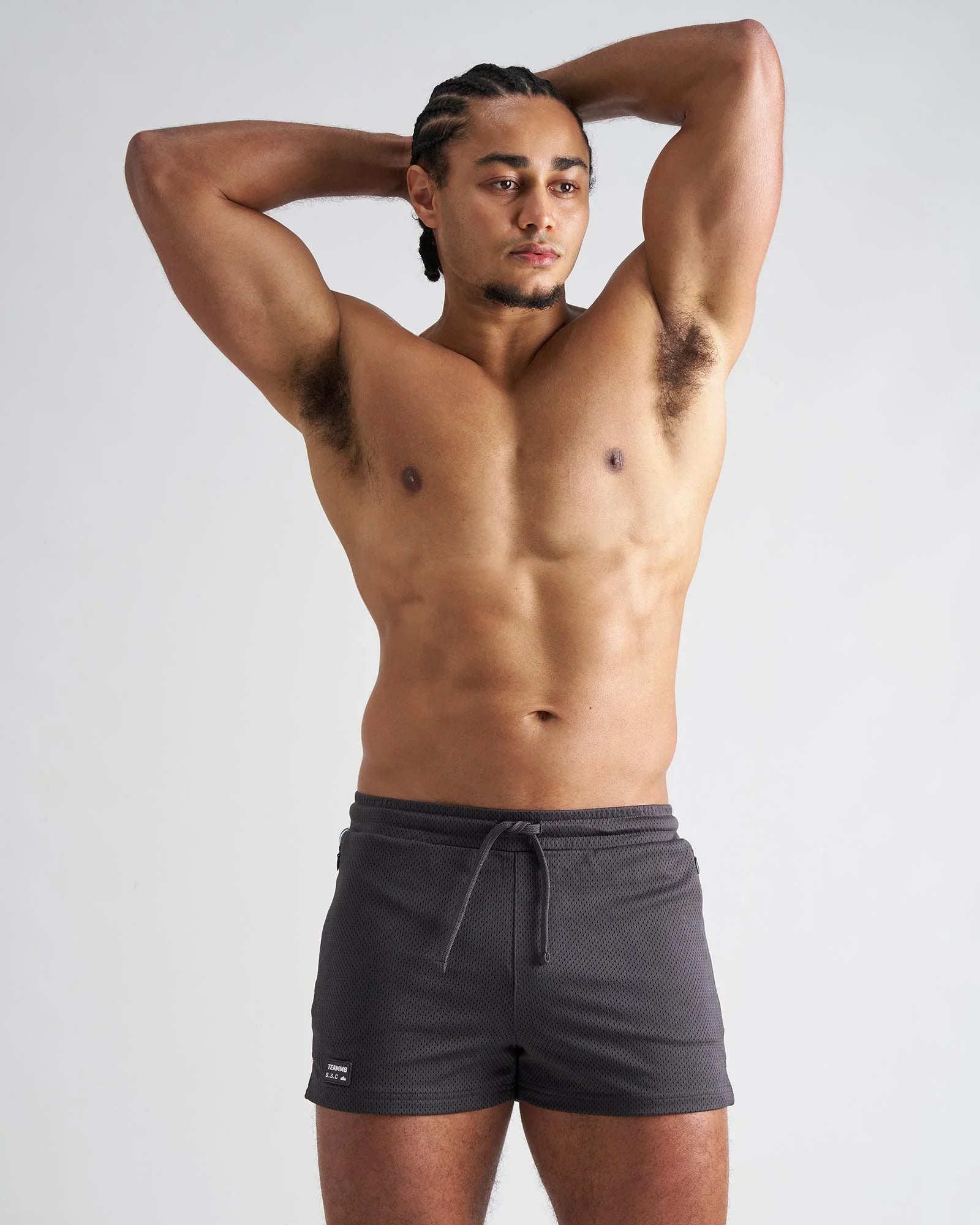 Dark gray textured s.s.c. fraternity 3 inch mesh athletic shorts with drawstring waistband for sportswear