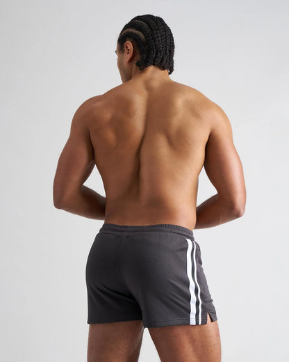 Dark gray s.s.c. fraternity 3 mesh athletic shorts with two vertical white stripes down each side