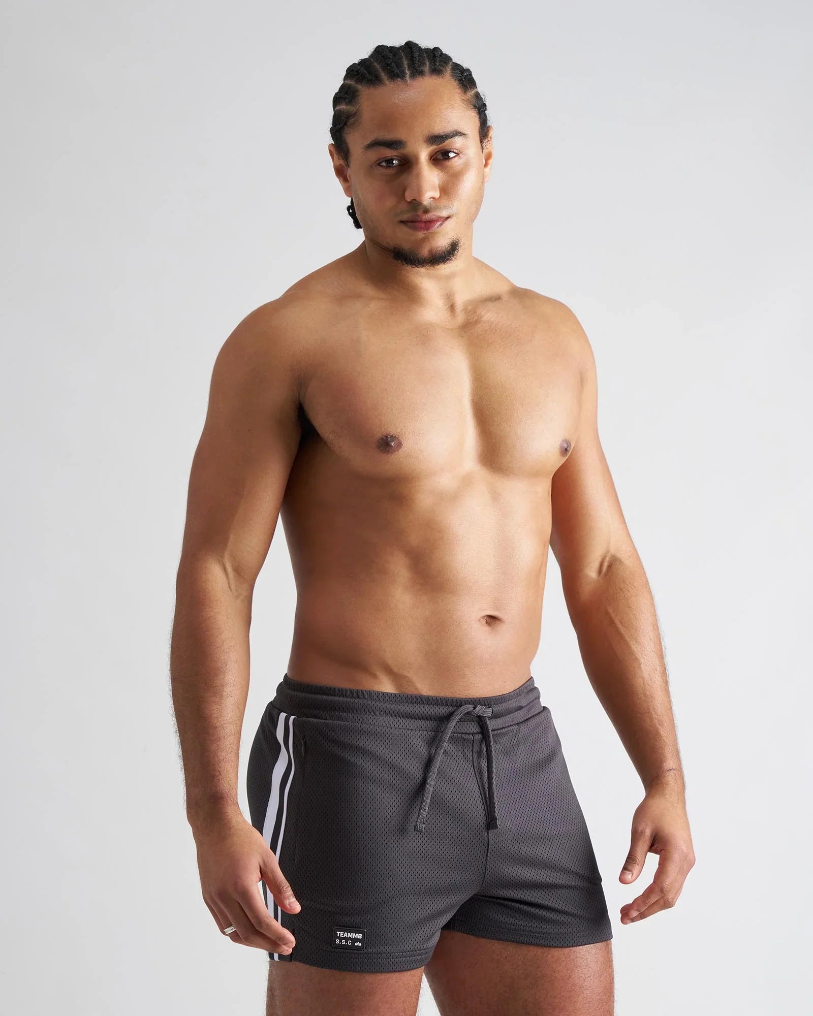 Dark gray s s c fraternity 3 inch mesh athletic shorts with white side stripes and drawstring waistband
