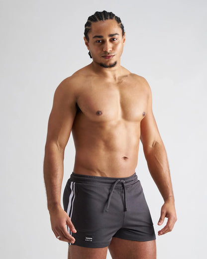 Dark gray s s c fraternity 3 inch mesh athletic shorts with white side stripes and drawstring waistband