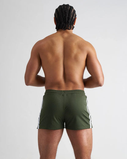 Olive green s.s.c. fraternity 3 inch mesh athletic shorts with white side stripes for sports and casual wear