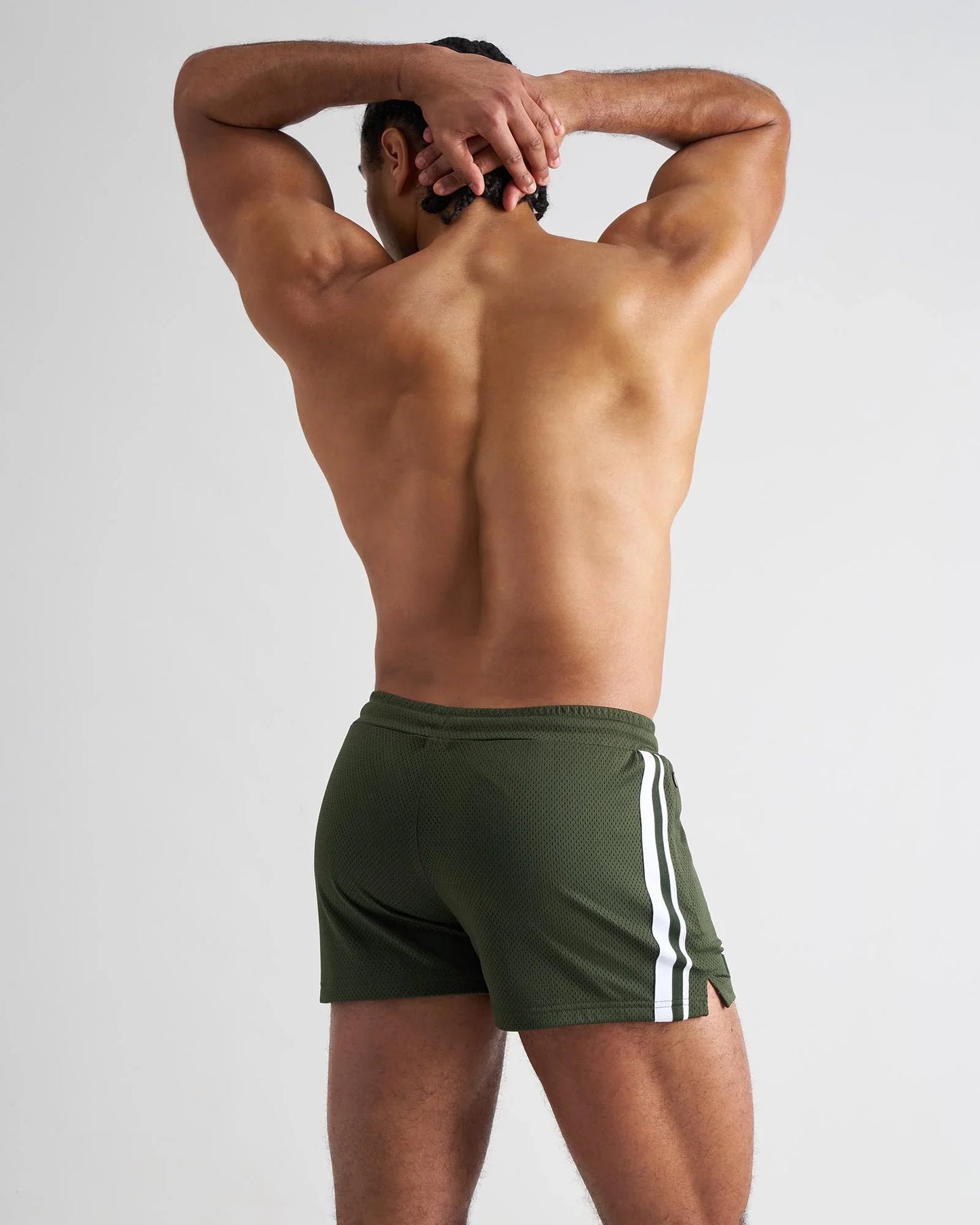 Olive green s.s.c. fraternity 3 inch mesh athletic shorts with white side stripes for sports and casual wear