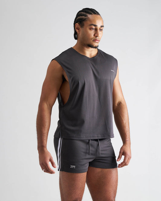 Dark gray sleeveless athletic top with textured mesh fabric and cut-out side panels s.s.c. mesh muscle tank
