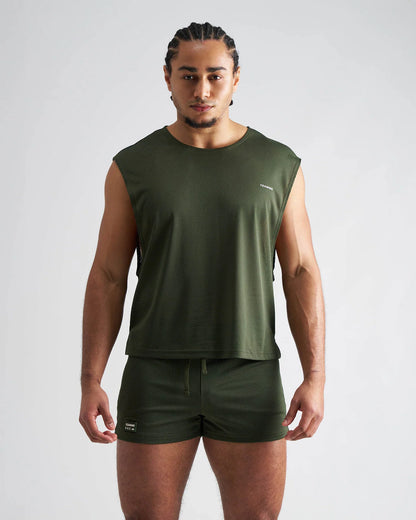 Olive green sleeveless mesh athletic top s.s.c. mesh muscle tank designed for breathability and active wear