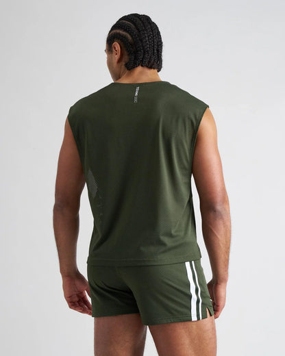 Olive green mesh sleeveless athletic top ssc mesh muscle tank with white vertical stripe detail on back and side seam