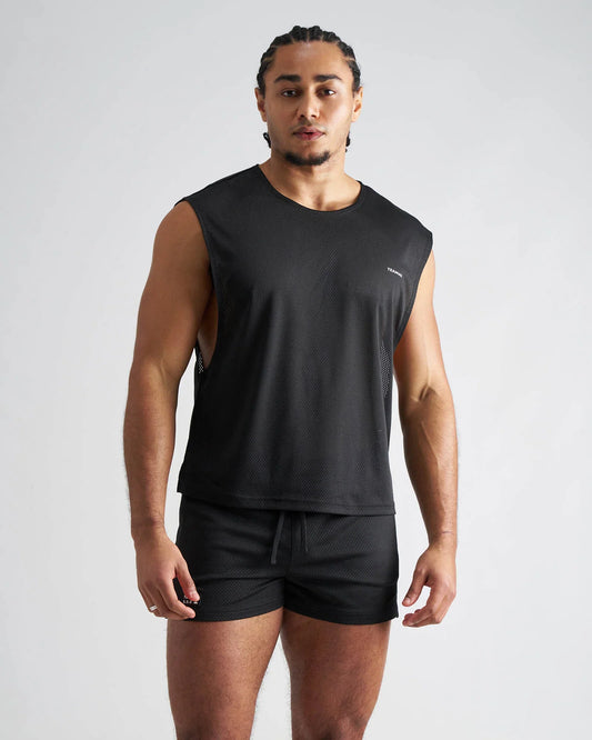 Black sleeveless athletic tank top with mesh panels and subtle brand logo on the chest from s.s.c. mesh muscle tank collection