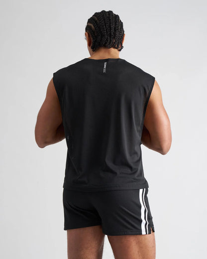 Black mesh sleeveless s.s.c. mesh muscle tank showing back with subtle vertical logo on breathable athletic top