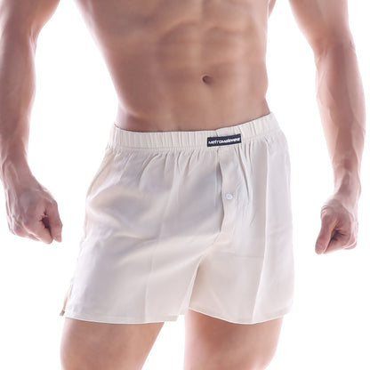 White cotton boxer shorts with button closure and elastic waistband featuring metromail label for metro malewear silk satin boxer nude s33-01
