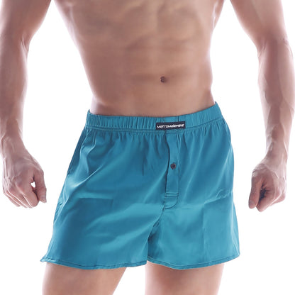 Teal elastic waist silk satin boxer shorts with button closure and metromalewear brand label on waistband