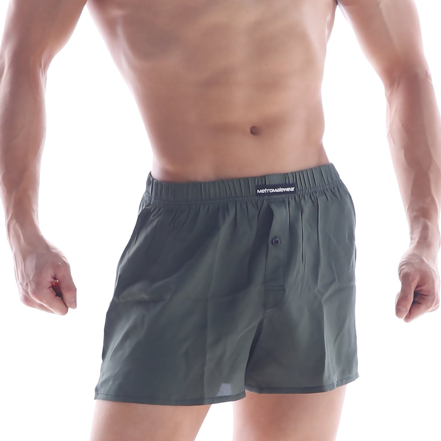 Dark gray cotton metro malewear boxers with black elastic waistband and single front button khaki s33-26 style