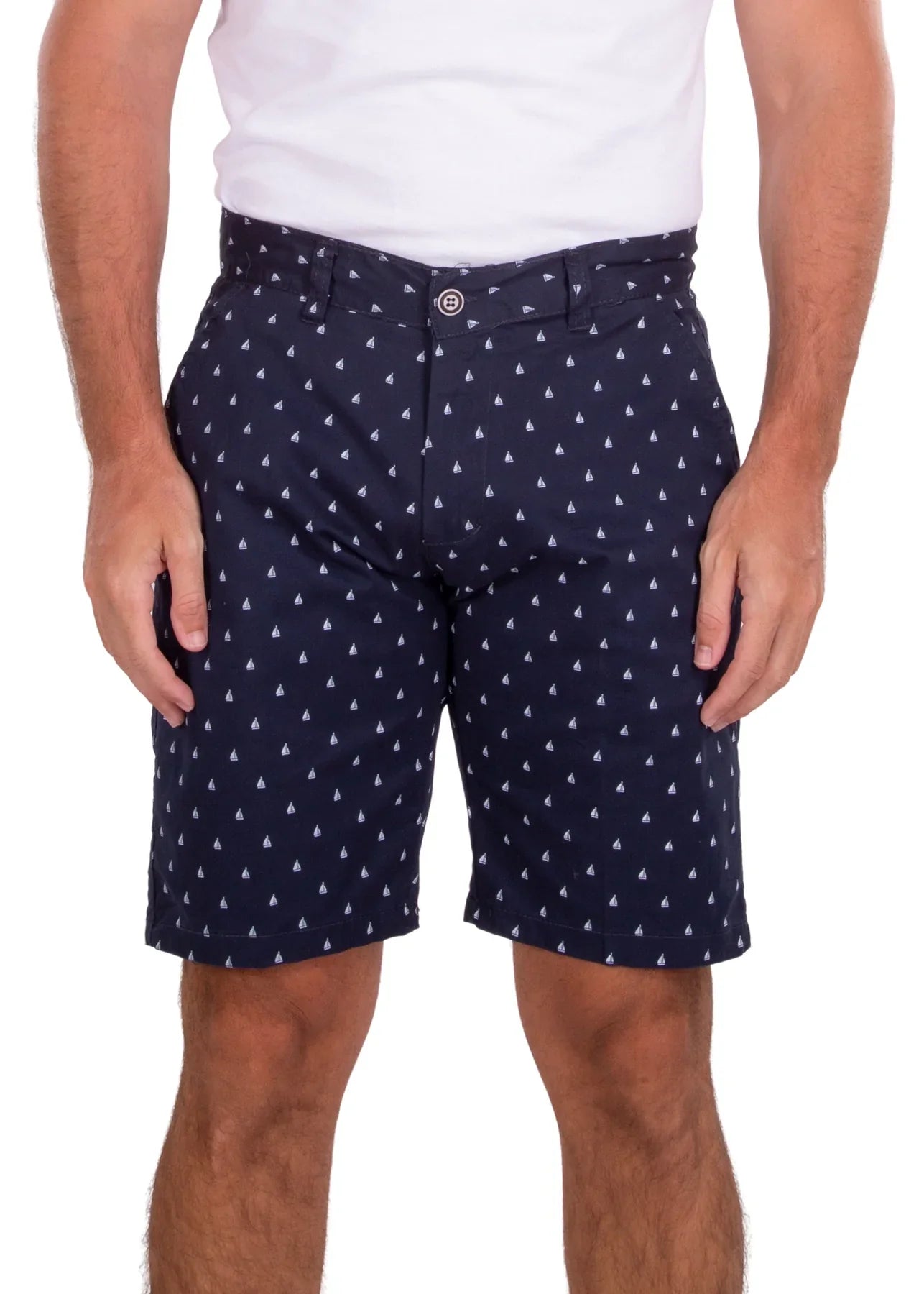 Dark navy sailboat print shorts with a subtle pattern of small white triangles for casual summer wear