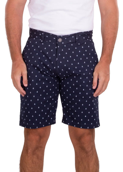 Dark navy sailboat print shorts with a subtle pattern of small white triangles for casual summer wear