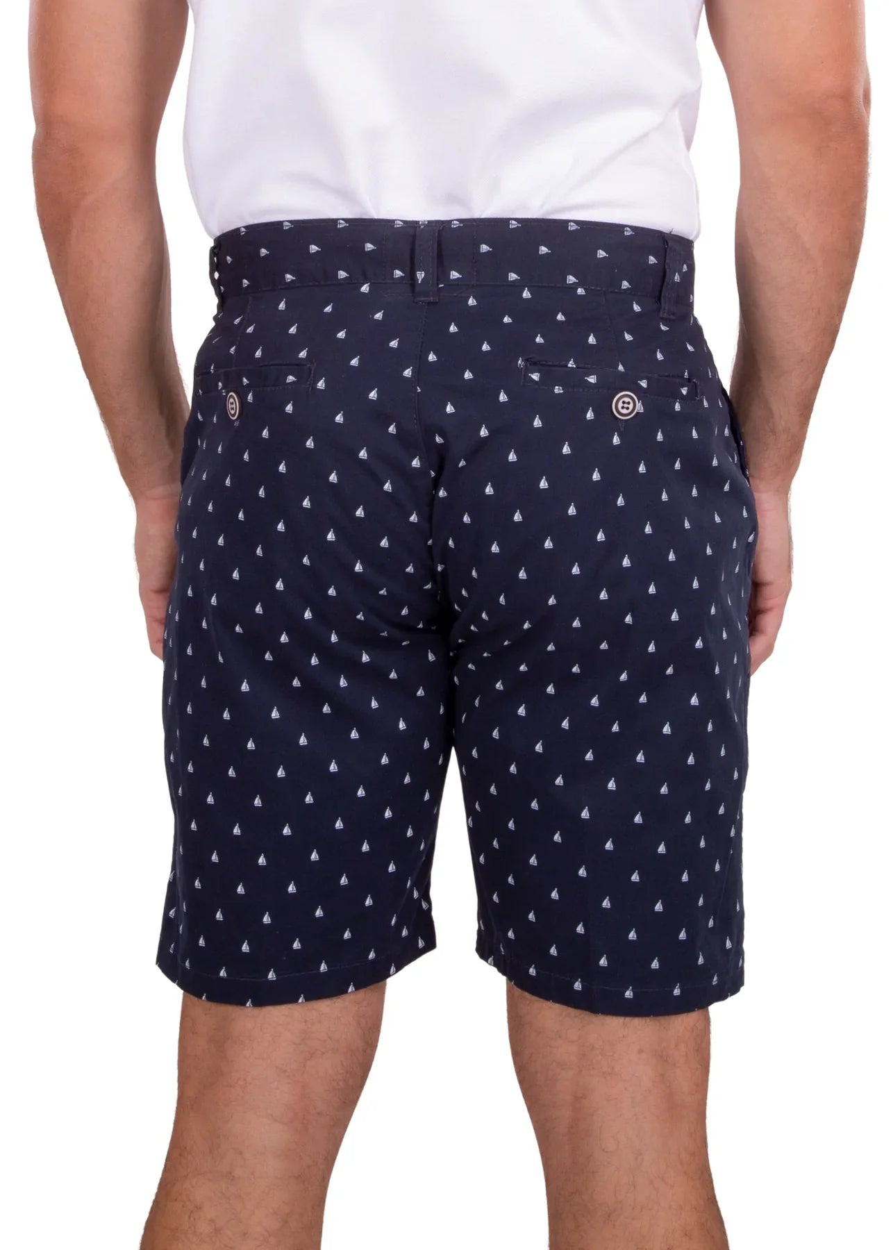 Sailboat print short dark navy tailored shorts with subtle white triangle pattern and branded button details