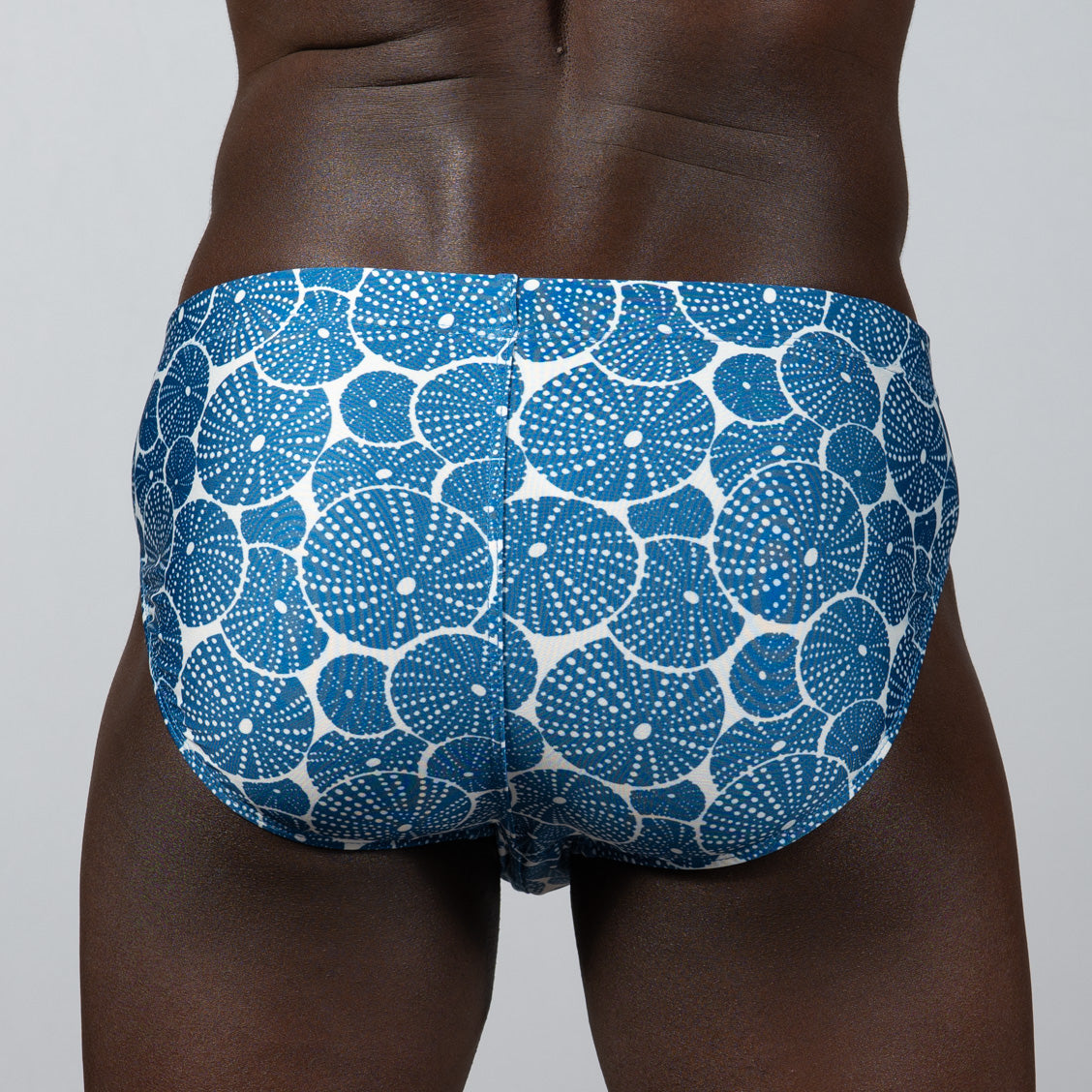 Blue and white patterned sand dollar brief swim trunks featuring circular sea urchin motifs for beachwear