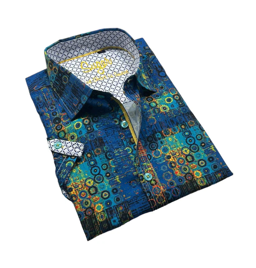 A vibrant blue sandro s/s buttondown men’s dress shirt with bold geometric concentric circles in green yellow and teal