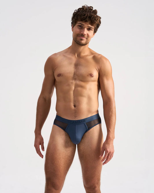 Men’s navy blue score sheer brief with mesh side panels for breathable comfort and modern style