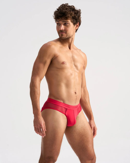 Red men’s SCORE SHEER brief with a mesh panel on the side for breathability and style