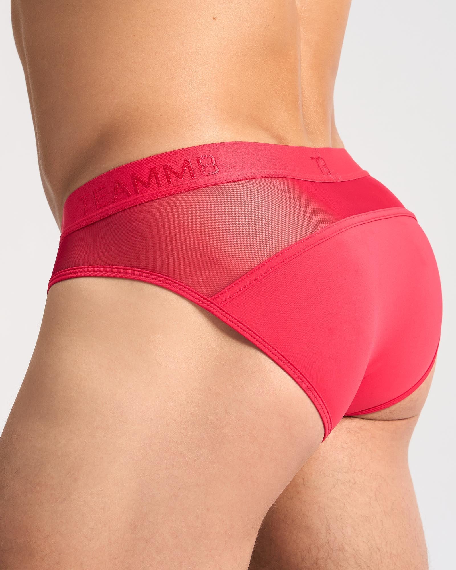 Bright red score sheer brief with mesh front and solid fabric back featuring tamm8 brand logo waistband