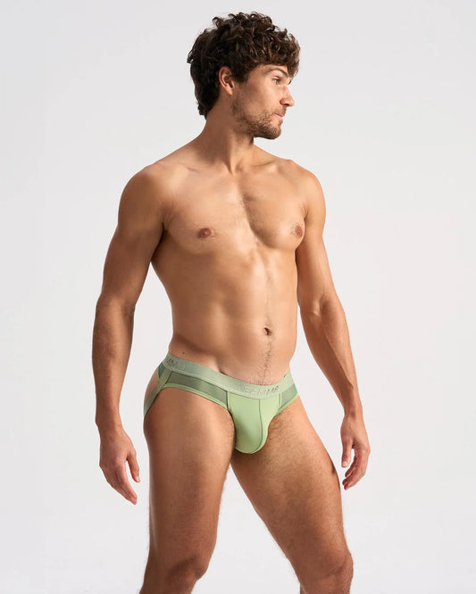 Light green score sheer jock seamless briefs with subtle elastic waistband for comfortable everyday wear