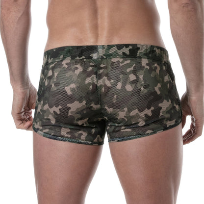 See-through mesh shorts in green beige and black camouflage pattern made from lightweight breathable material