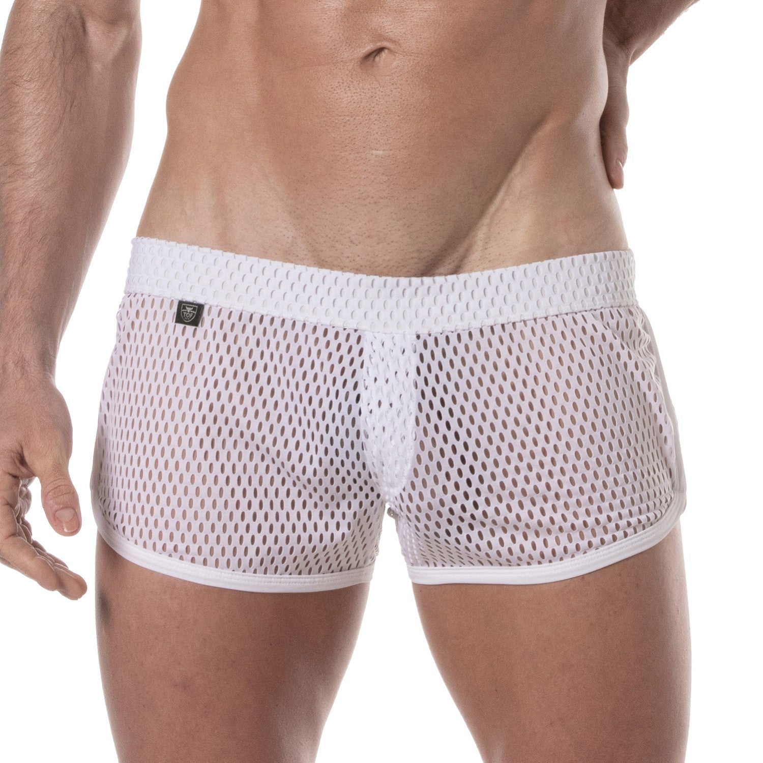 White see-through mesh shorts with solid white waistband and trim made from breathable mesh fabric