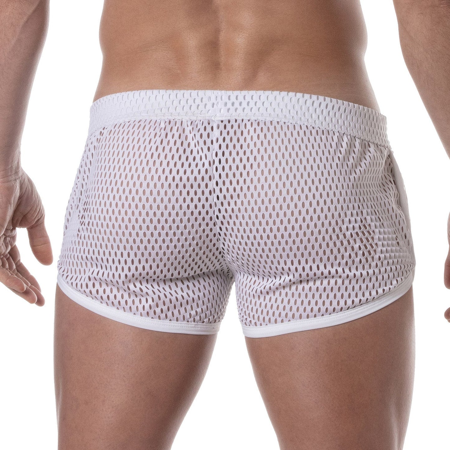 See-through mesh shorts in white with a solid white waistband and hem, made from breathable mesh fabric