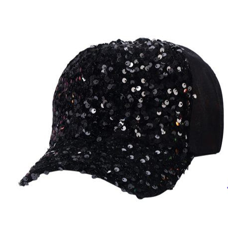 Black sequin baseball cap with sparkling sequins for a stylish and eye-catching casual accessory