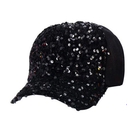 Black sequin baseball cap with sparkling sequins for a stylish and eye-catching casual accessory