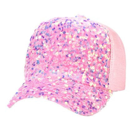 Pink sequined baseball cap with mesh back and adjustable strap shown from the back side