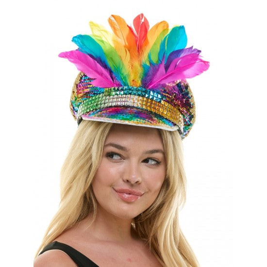 Sequin festival hat with wide brim and vibrant rainbow feathered sequins for colorful party wear