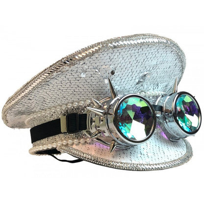 Silver sequined festival hat with pearl trim and spiked steampunk goggles featuring iridescent lenses