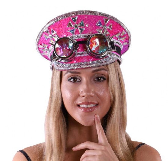 A vibrant pink glittery steampunk festival hat with sparkling rhinestones and integrated goggles