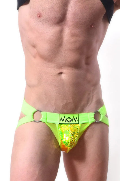 Neon green sequined briefs with black logo and metal rings in sequin jockstrap product front view