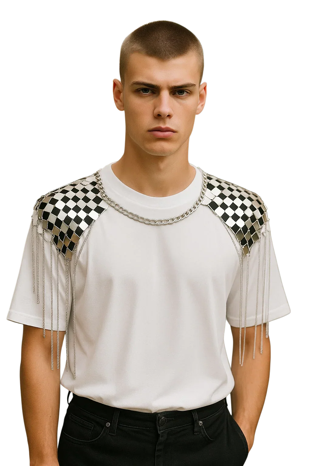 White t-shirt with black and silver checkered shoulder panels featuring dangling chain tassels for a stylish look