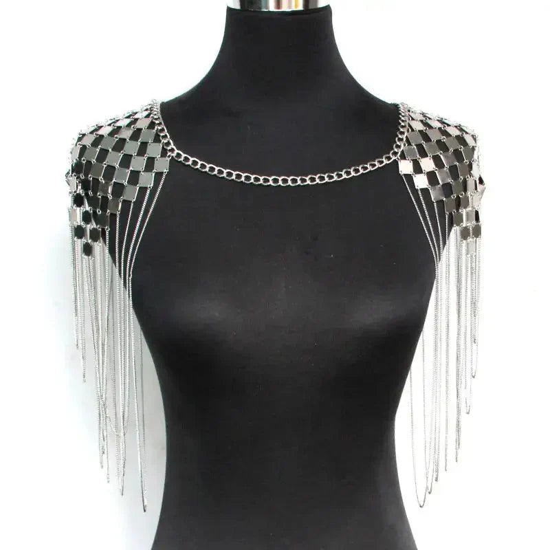 Silver metallic shoulder tassel necklace with grid of reflective square plates and dangling chains design