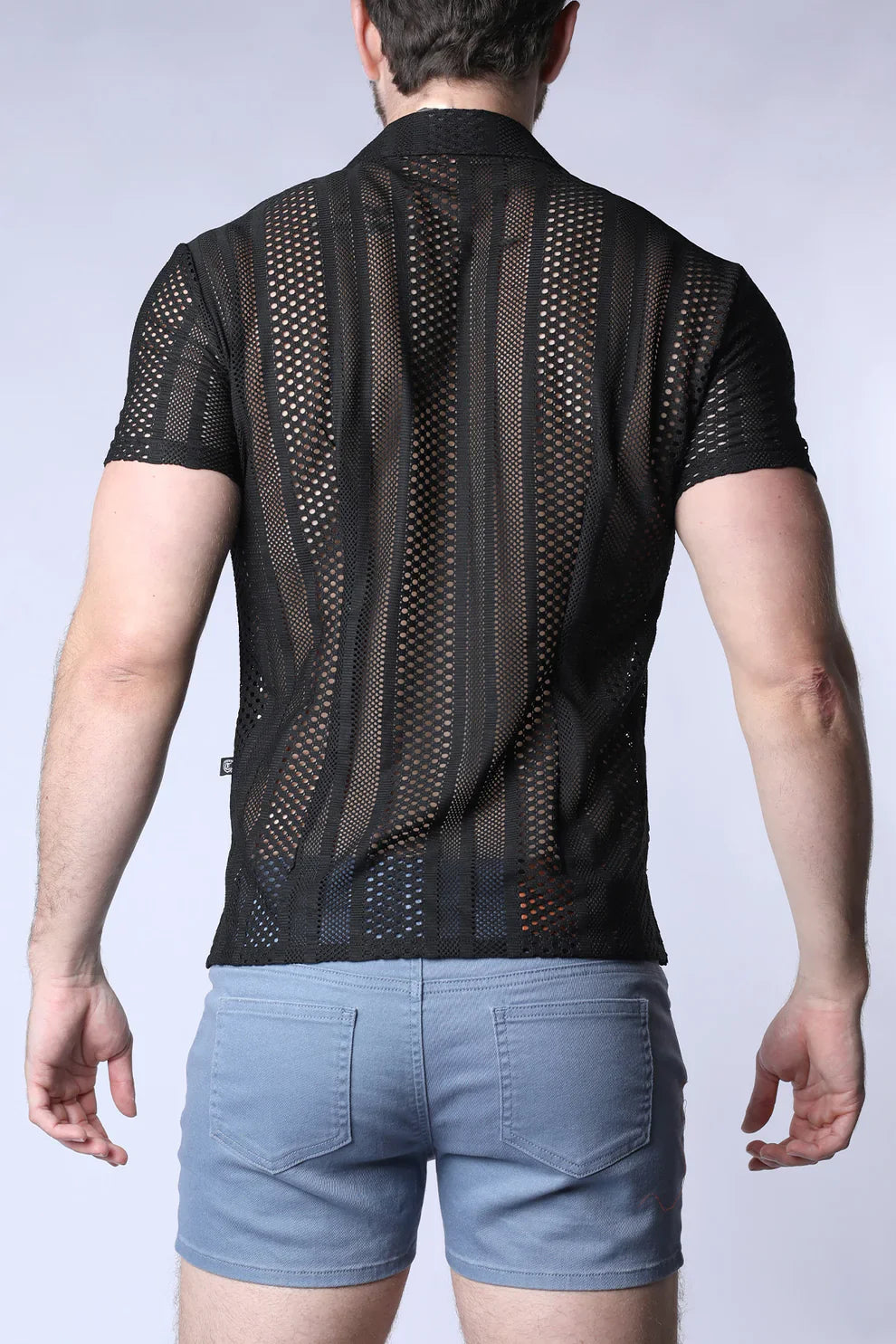 Black Sicily crochet mesh shirt with short sleeves and vertical striped pattern made from breathable fabric