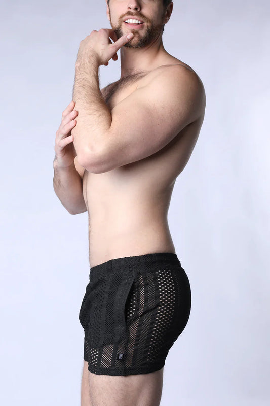 Black sicily crochet mesh shorts with side pocket and subtle branded waistband for athletic wear