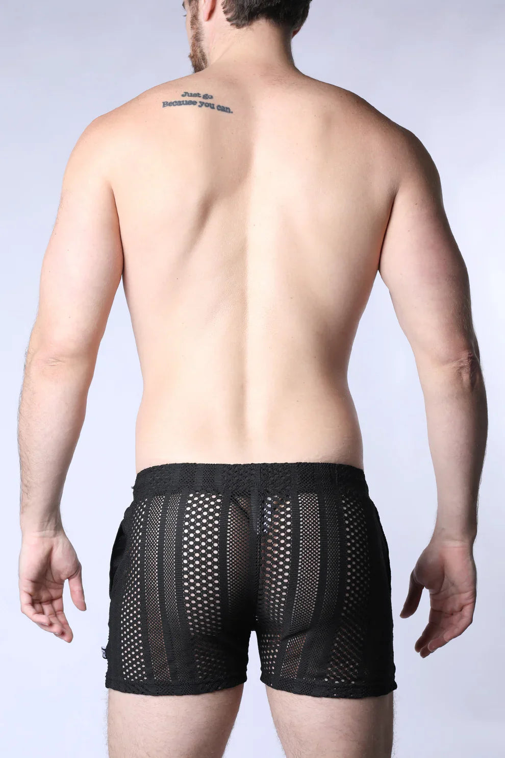 Black sicily crochet mesh shorts with sleek modern design and reinforced side panels