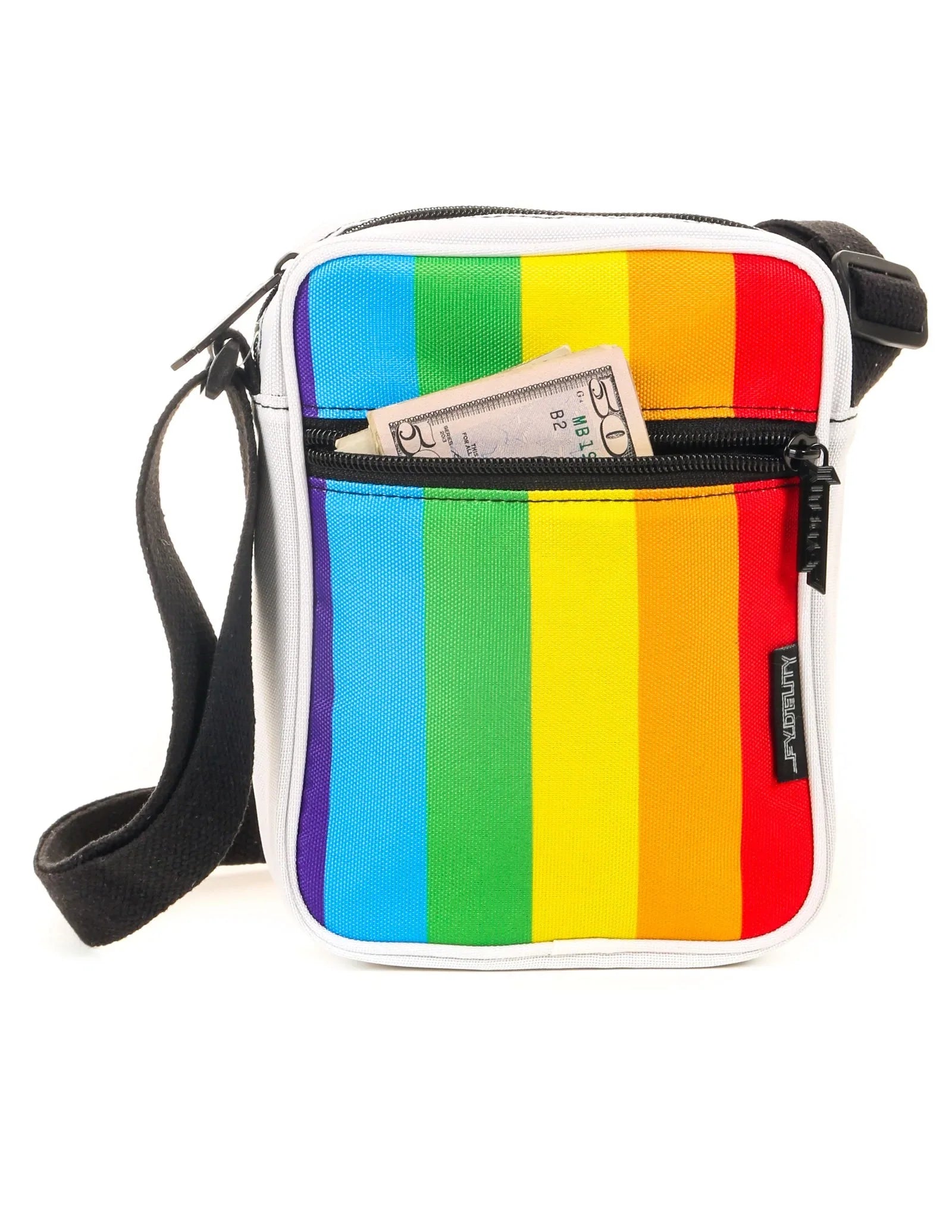 Sidekick crossbody sling bag featuring rainbow stripes with white trim and black zipper pulls for casual use