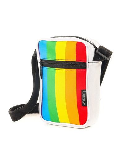 Sidekick crossbody sling bag white with vibrant rainbow stripe pattern and black zipper accents