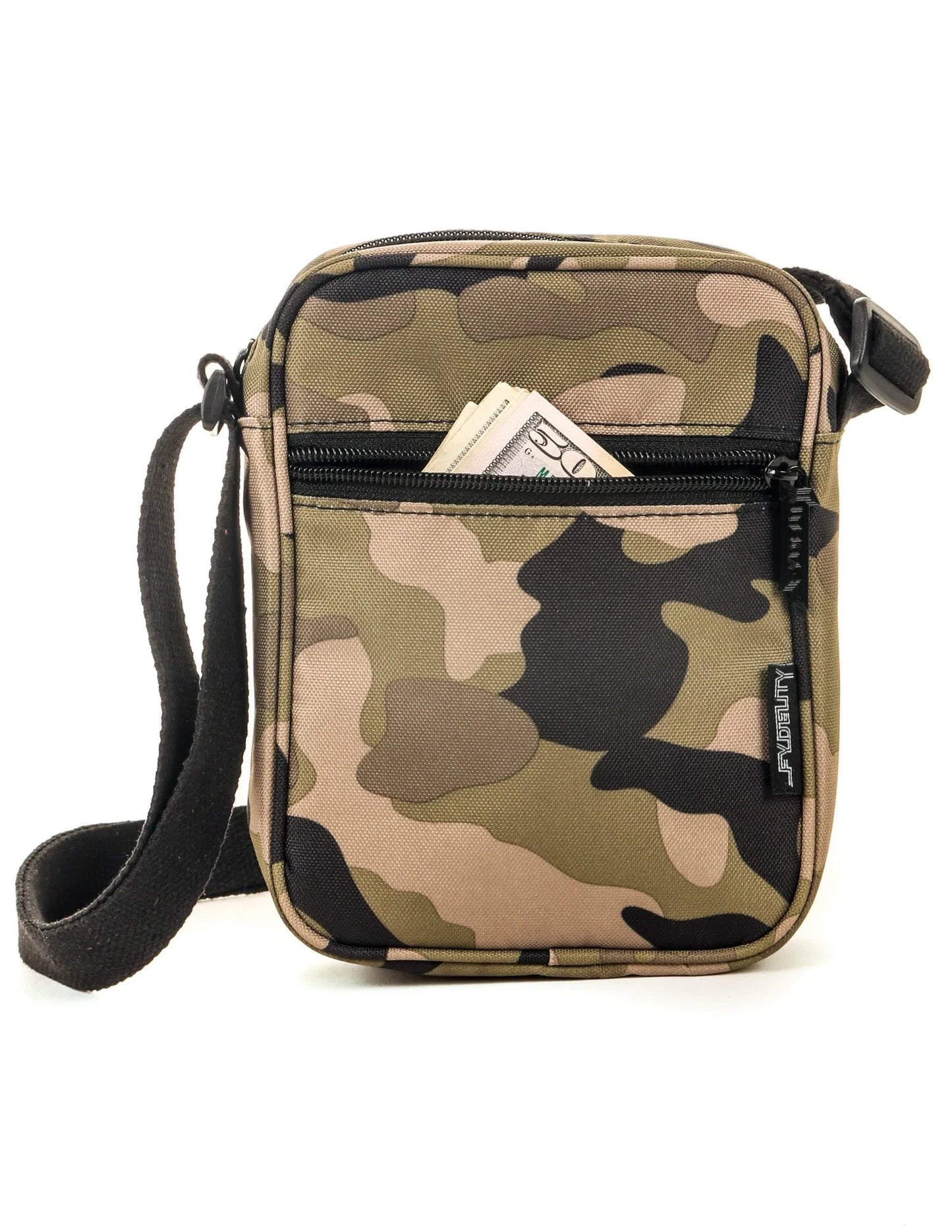 Sidekick crossbody sling bag in camouflage pattern with black zipper and adjustable strap for hands-free use