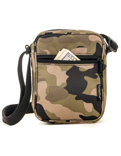 Sidekick crossbody sling bag in camouflage pattern with black zipper and adjustable strap for hands-free use