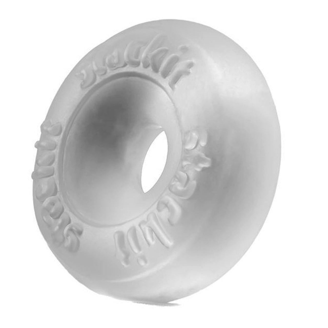 Clear translucent plastic donut-shaped sila skin stackit ring with embossed text around its circumference