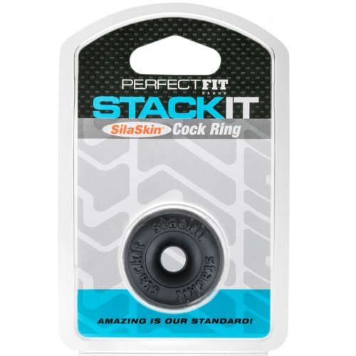 Black silaskin stackit cock ring in branded packaging showing smooth silicone material and flexible design